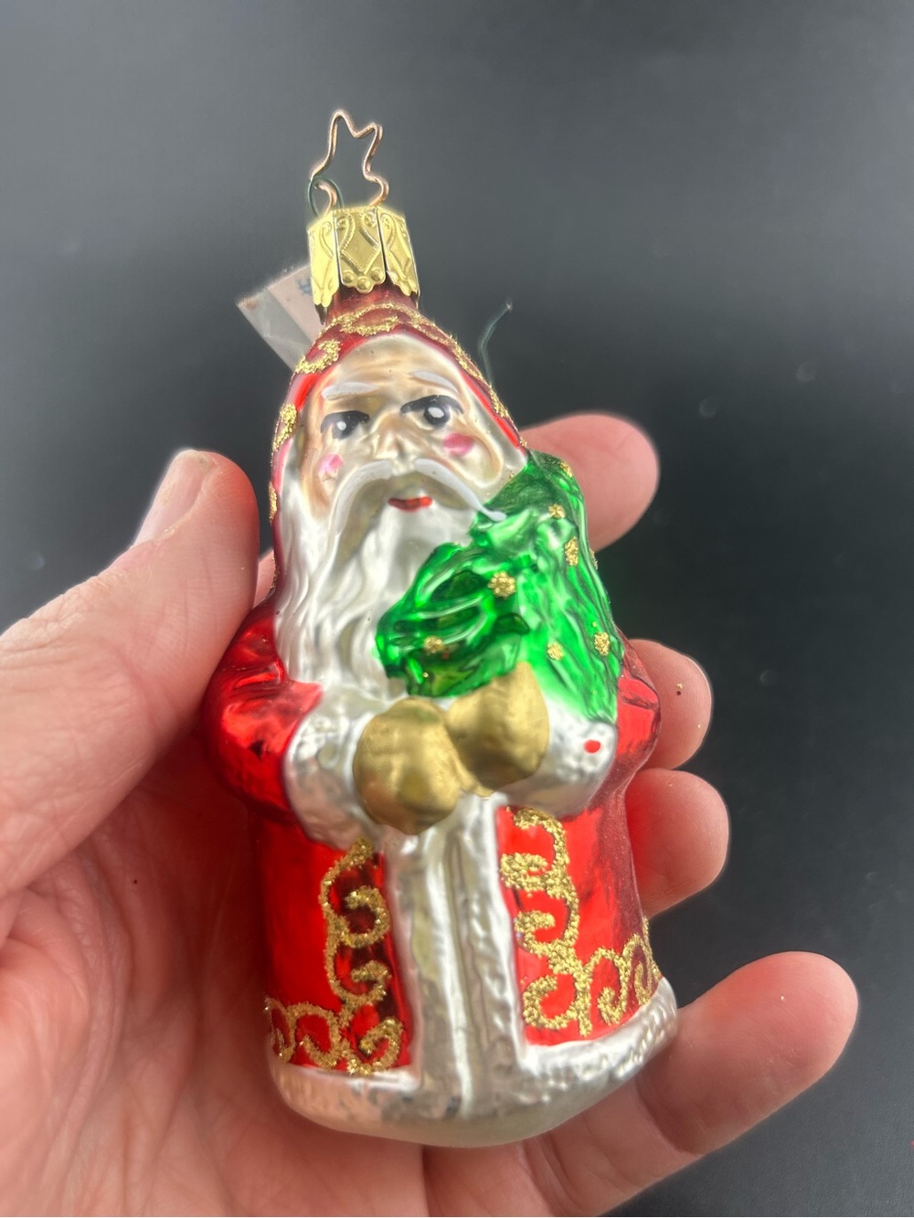 Vintage Inge-Glass Santa Gold Trim Blown Glass Ornament Retired- Snowy Santa